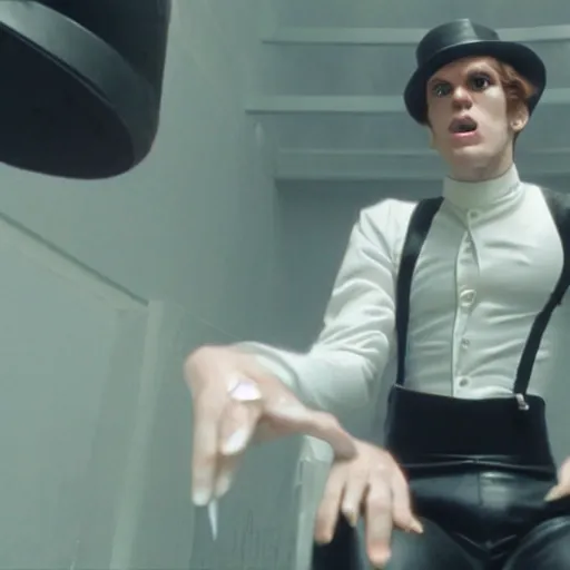 Image similar to Live Action Still of Jerma in A Clockwork Orange, real life, hyperrealistic, ultra realistic, realistic, highly detailed, epic, HD quality, 8k resolution, body and headshot, film still