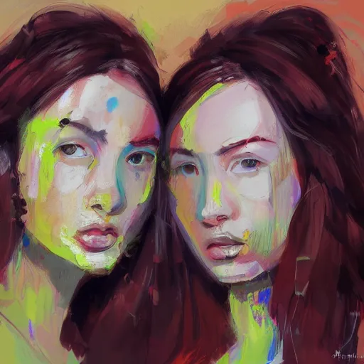 Image similar to a messy painting of Twin sisters. Trending on ArtStation