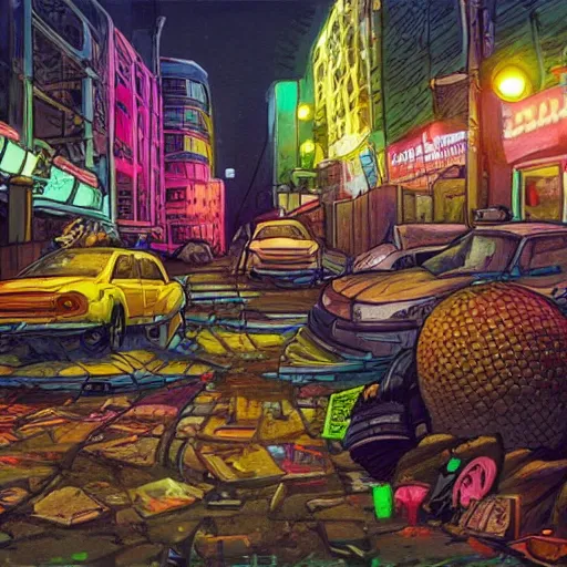 Image similar to A dirty street in the Bronx, by night, with giant neonpunk urchin everywhere, colorful composition, ultra detailed, dang yo