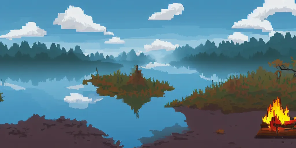 Prompt: a beautiful!!!!!!!! solitary campfire with a beautiful!!! lake in the background, no people, lonely landscape, pixel art, trending on artstation, highly detailed