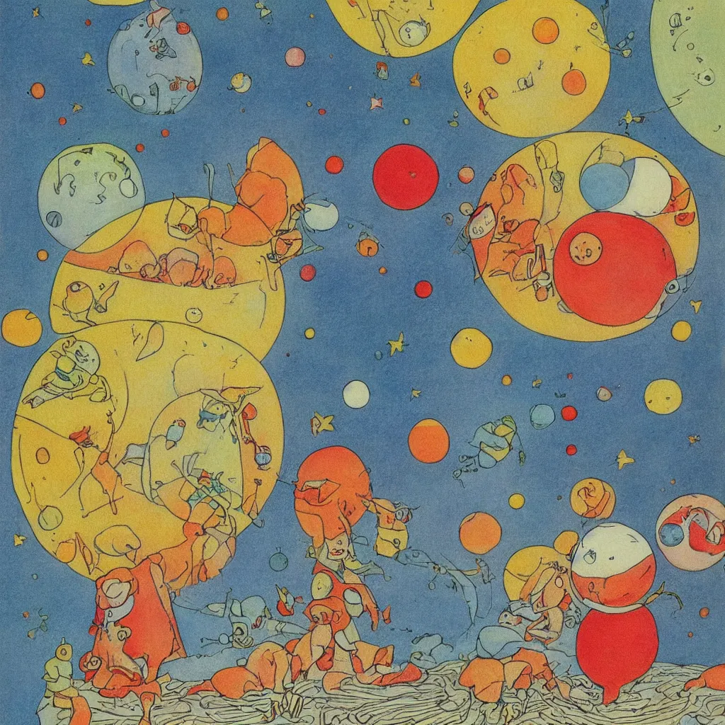 Image similar to single planet, cute, art print, lithography, baby room, by elsa beskow, saturn