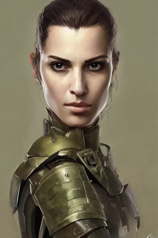 Image similar to a professionally painted portrait of an attractive young woman, clothed in military armor, olive skin, long dark hair, beautiful bone structure, symmetrical facial features, intricate, elegant, digital painting, trending on Artstation, concept art, smooth, sharp focus, illustration, from Metal Gear by Ruan Jia and Mandy Jurgens and Artgerm and William-Adolphe Bouguerea, award winning