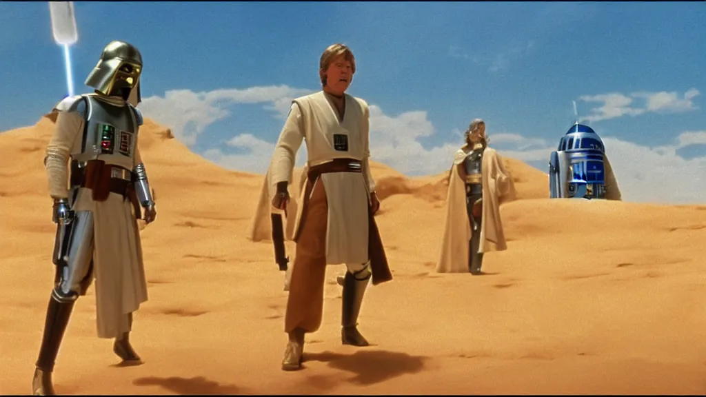Prompt: film still Luke skywalker obi wan kenobi R2-D2 C-3PO tatooine sunset Star Wars a new hope 1977 studio ghibli animation