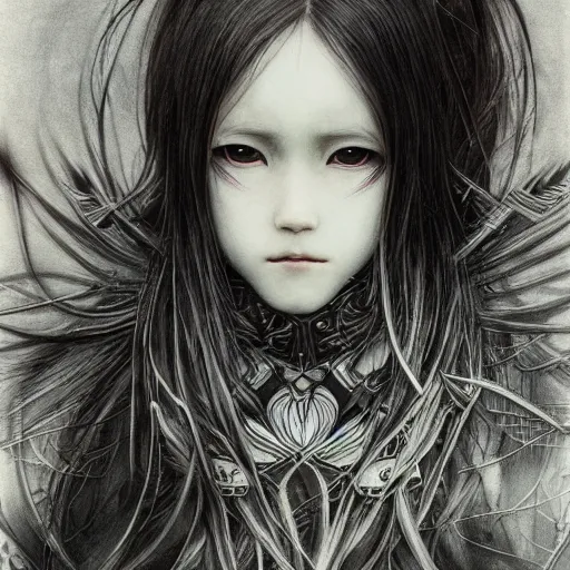 Image similar to Yoshitaka Amano realistic illustration of yuuki asuna ,hair fluttering in the wind, cracks on her face wearing Elden ring armour with engraving, abstract black and white patterns on the background, noisy film grain effect, highly detailed, Renaissance oil painting, weird portrait angle, blurred lost edges, three quarter view