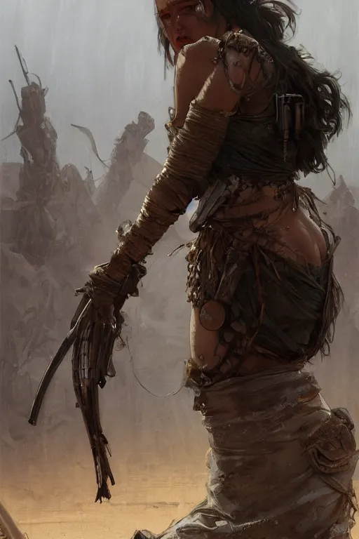 Image similar to a full body portrait of a beautiful post apocalyptic offworld soldiers quarter bedouin blind pulp fiction scarlet wild rogue barbarian leper begging by the roadside, intricate, elegant, highly detailed, digital painting, artstation, concept art, smooth, sharp focus, illustration, art by krenz cushart and artem demura and alphonse mucha