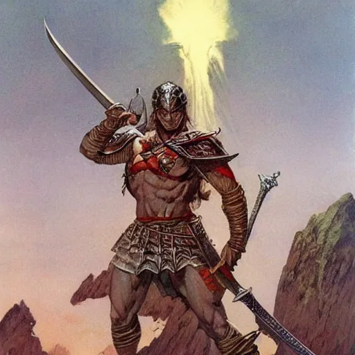 Image similar to warrior holding sword aloft. Fantasy artwork by Moebius and Frank Frazetta