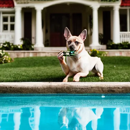 Image similar to a very detailed photo of a dog smoking a cigar outside the mansion by the pool