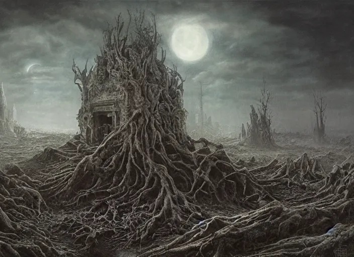 Image similar to a dramatic matte painting of The Tomb in the dystopian landscape is opening through the ground, the dead has arisen under the glowing moon, dead trees and a brooding landscape by Giger and Dariusz Zawadzki and Beksinski