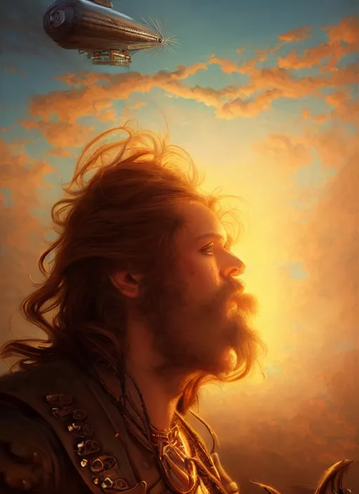 Image similar to portrait painting of a handsome face rugged long hair crimson hair male pirate, top half portrait soft hair steampunk ornate zeppelin blimp airship in the background sky sunset golden hour fantasy soft hair trending on artstation deviantart book cover art dramatic volumetric lighting art by stephan martiniere wlop greg rutkowski gaston bussiere