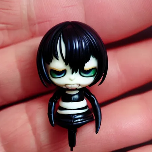 Image similar to lifelike plastic figurine miniature of chibi venom, ultra detailed, kawaii, junji ito, artgerm, blender, scenic background of cardshop