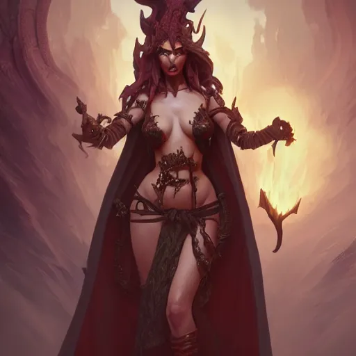 Image similar to Demoness, female, robes, D&D, fantasy, intricate, elegant, highly detailed, digital painting, artstation, octane render, concept art, matte, sharp focus, illustration, hearthstone, art by Artgerm and Greg Rutkowski and Alphonse Mucha