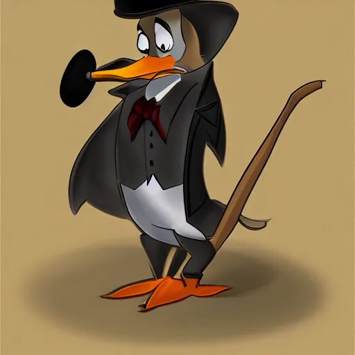 Image similar to a cartoon duck with a top hat and cane, a character portrait by Don Bluth, deviantart, furry art, character, deviantart hd, official art