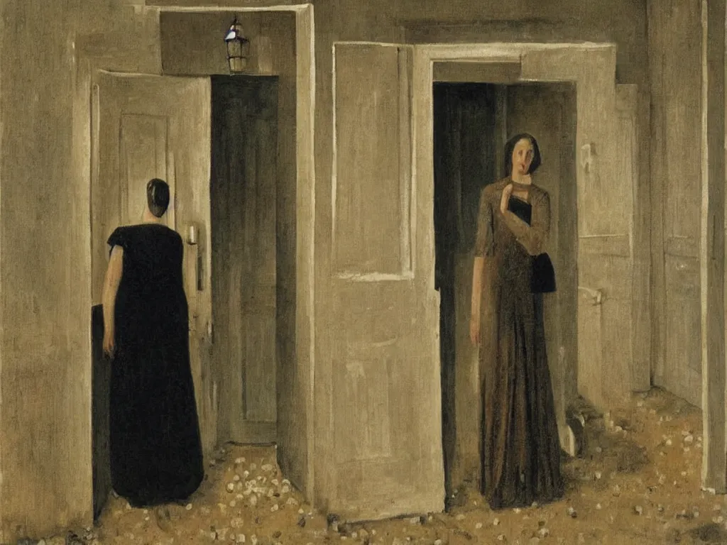 Prompt: woman standing in the doorway with coral. flood. painting by paul delvaux