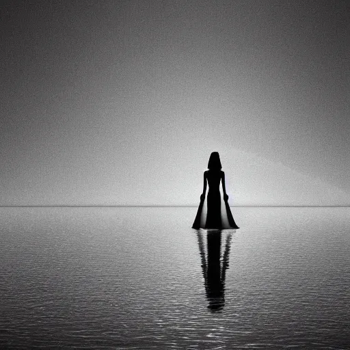 Image similar to a woman stands on the water in the style of kentaro miura, 4 k, 8 k, absolute detail of even the smallest details and particles, beautiful shadows, beautiful art, black and white drawing