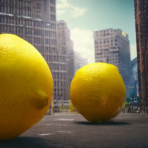 Image similar to gigantic lemon monster invading detroit, dslr, 8 k, octane beautifully detailed render, cold mood, cinematic lighting, detailed photo, masterpiece, volumetric lighting, ultra realistic, highly detailed, high quality, lossless, photorealistic