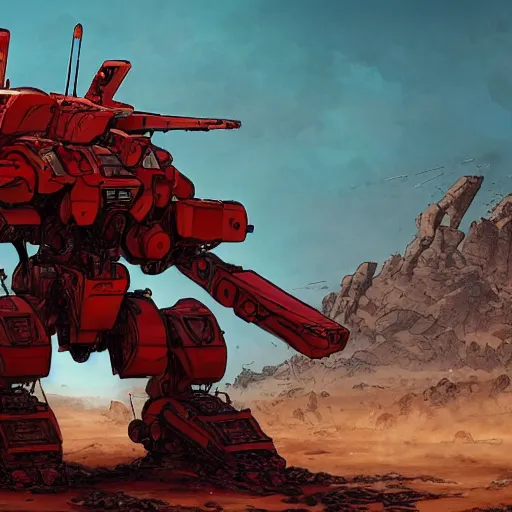 Prompt: comic book style battlemech, post-apocalyptic, high-tech, hulking, wide shot, desert background, highly detailed, artstation, concept art, sharp focus, illustration, art by yoshiyuki tomino and magali villeneuve, red brown and white color scheme