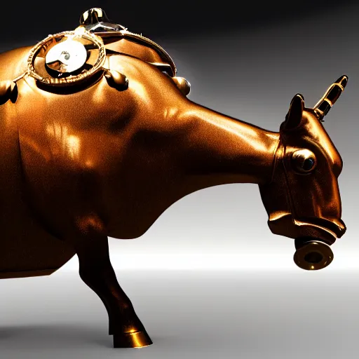 Prompt: a clockwork mechanical bull, ultra high detail, high particle effects, highly reflective surface, realistic reflections