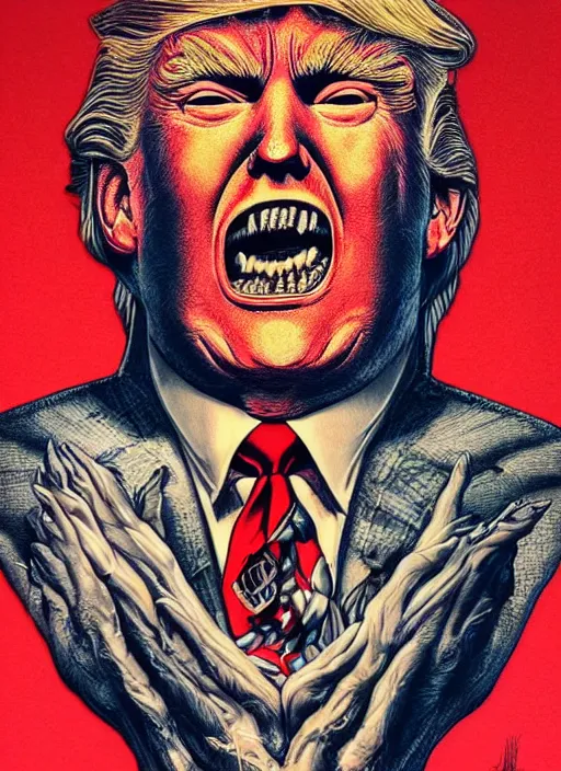 Image similar to donald trump's disgusting true form burstin from within, horror, high details, intricate details, by vincent di fate, artgerm julie bell beeple, 1 9 8 0 s, inking, vintage 8 0 s print, screen print