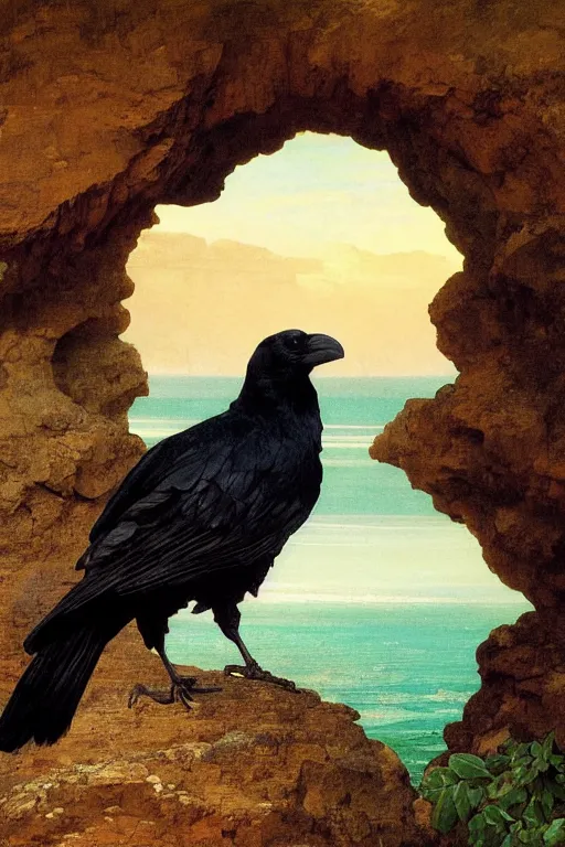 Prompt: a breathtakingly stunningly beautifully highly detailed extreme close up portrait of a raven under a rock arch, epic coves crashing waves plants, beautiful clear harmonious composition, dynamically shot, wonderful strikingly beautiful serene sunset, detailed organic textures, by frederic leighton and rosetti and turner and eugene von guerard, 4 k