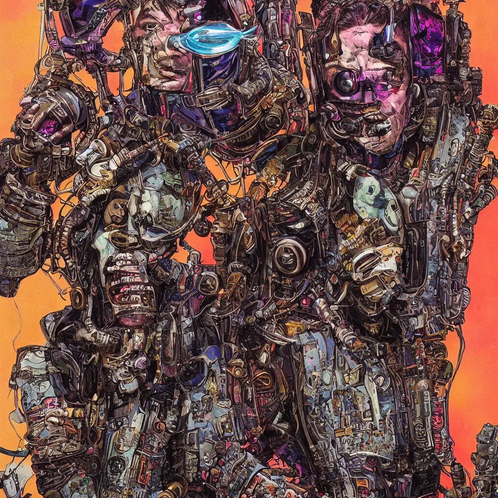 Image similar to A dramatic full-color cyberpunk art nouveau styled bust portrait of philthy animal taylor as a futuristic space punk rebel drum soldier, hyperdetailed artwork by Travis Charest, Chris Achilleos, Walt Simonson and Bill Sienkiewicz, wild power, crazy fun, rebelliousness, confident laughing eyes, tarnished and rusted metal, blade runner architecture, perfectly symmetrical facial features, 8k, deeply hyperdetailed, moody cinematic lighting, realistic mechanical details, 8k, UHD, HDR