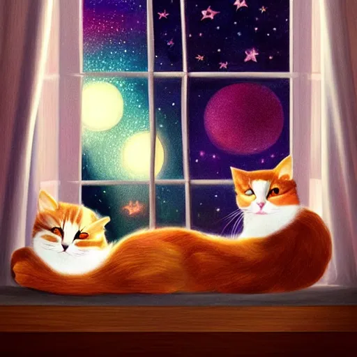 Image similar to two cute multi - colored calico cats with beautiful eyes sleeping inside a cozy home in the evening, stars shining in the night sky through the window,, artstation, cgsociety, storybook art