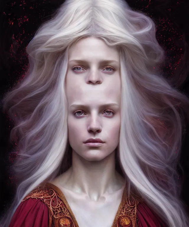 Image similar to hyperrealistic mixed media painting of a beautiful young female wizard, stunning 3d render inspired art by P. Craig Russell and Barry Windsor-Smith + perfect facial symmetry + dim volumetric lighting, long flowing white hair, pale skin, ornate crimson robes, dizzy, full body, confident heroic pose, 8k octane beautifully detailed render, post-processing, extremely hyperdetailed, intricate, epic composition, grim yet sparkling atmosphere, cinematic lighting + masterpiece, trending on artstation, very very detailed, masterpiece, stunning