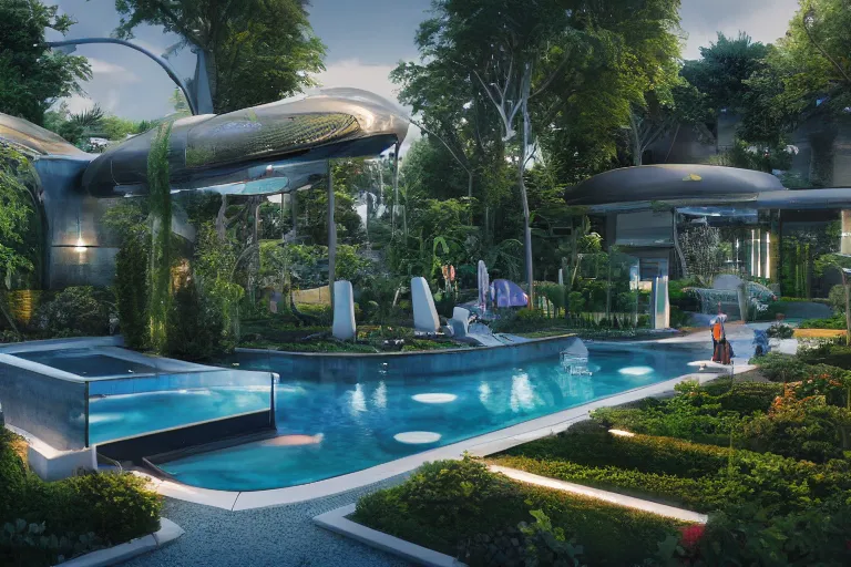 Prompt: serene garden with pool and rounded futuristic housing in the background, hyper realistic, ambient lighting, concept art, intricate, hyper detailed, smooth, dynamic volumetric lighting, octane, raytrace, cinematic, high quality, high resolution, 4 k, cgsociety, rutkowski, gurney