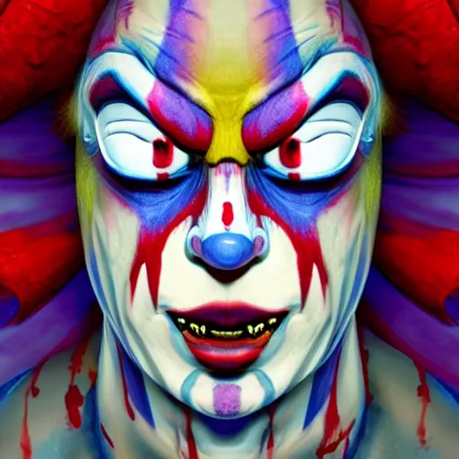 Image similar to 4K headshot of godlike clown with blue skin defined arms and open hands and bloody clothes with giant mandala wings , intricate clown face make-up , flawless anime cel animation by Kentaro Miura, psychedelic , highly detailed upper body , professionally post-processed , beautiful, scary, symmetry accurate features, epic, octane rendered, anime masterpiece, accurate