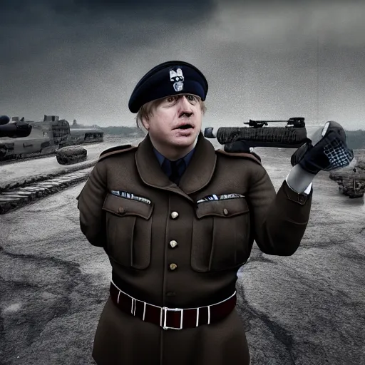 Image similar to Boris Johnson with Waffen SS officers body, realistic artstyle, wide shot, dramatic lighting, octane render, hyperrealistic, high quality, highly detailed, HD, beautiful, cinematic, 8k, unreal engine, facial accuracy, symmetrical