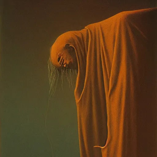 Image similar to priest by Zdzisław Beksiński, oil on canvas