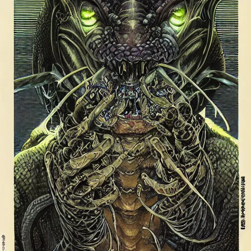 Image similar to portrait of dark reptile, symmetrical, by yoichi hatakenaka, masamune shirow, josan gonzales and dan mumford, ayami kojima, takato yamamoto, barclay shaw, karol bak, yukito kishiro