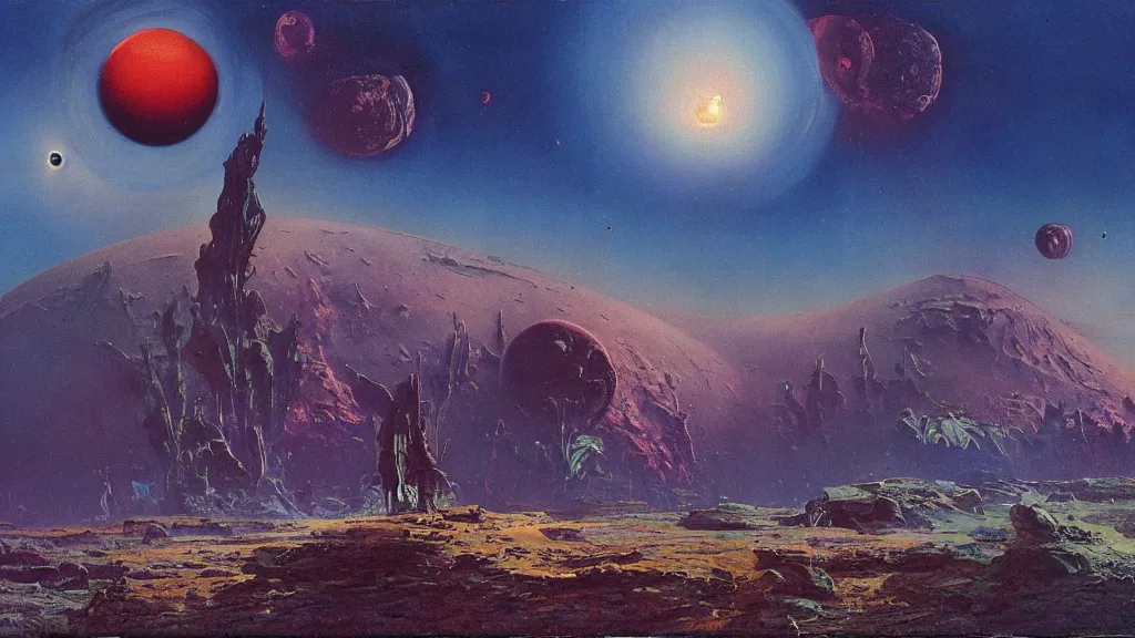 Prompt: strange otherworldly atmospherics of an alien planet by arthur haas and bruce pennington and paul lehr, cinematic matte painting