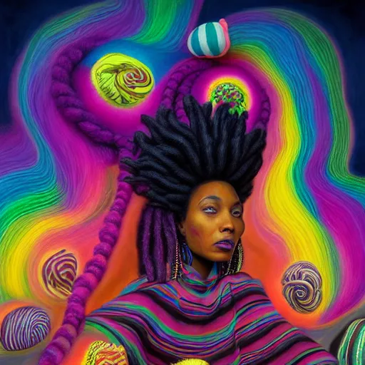 Image similar to a wide angle shot of a black girl with colorful dreadlocks in a field of candy, by Adi granov and afarin sajedi and amanda sage and evgeni gordiets and Agostino Arrivabene and adonna khare in a psychedelic portrait style, ultrarealistic matte painting, volumetric lighting, fractal, extremely symmetrical, highly detailed face, orisha, 8k, hd