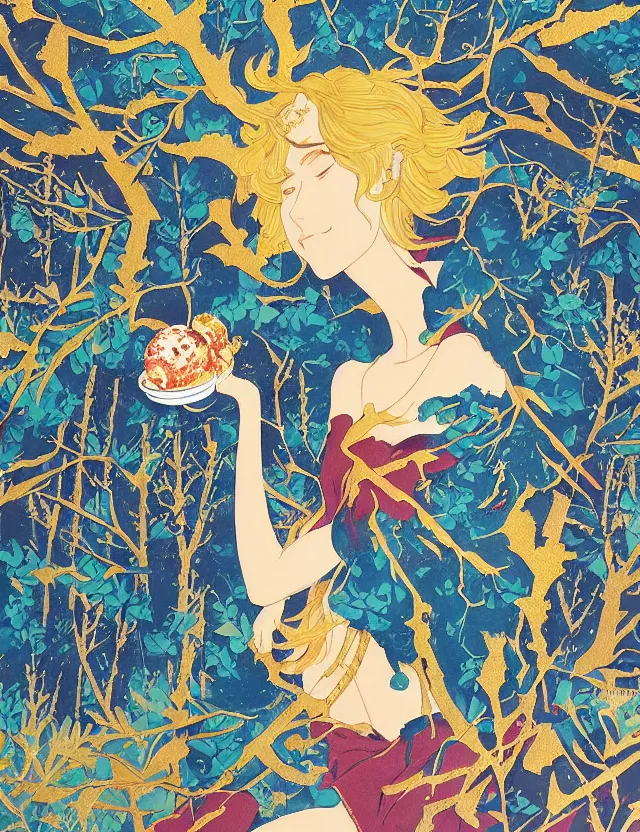 Prompt: spirit of ice cream lost in a forest. this gouache and gold leaf work by the award - winning mangaka has a beautiful composition and intricate details.