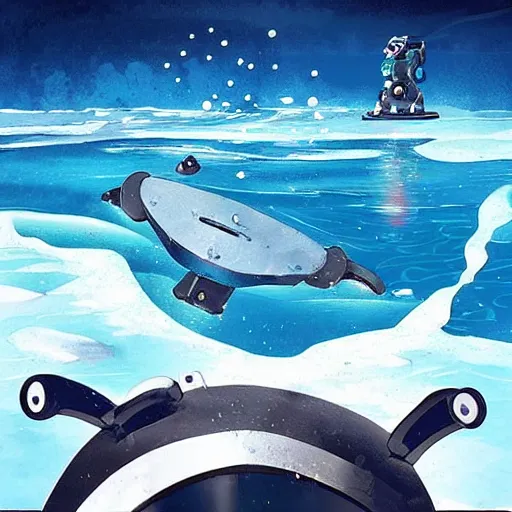 Prompt: “robot seals swimming through the Arctic Ocean, anime style”