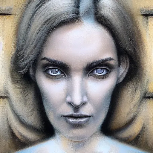 Prompt: detailed face of a woman with opalescent eyes in a brutalist courtyard with brushed steel sculptures at a science expo, atmospheric, ambient, pj crook, syd mead, livia prima, artgerm, greg rutkowski, nick alm, casey baugh