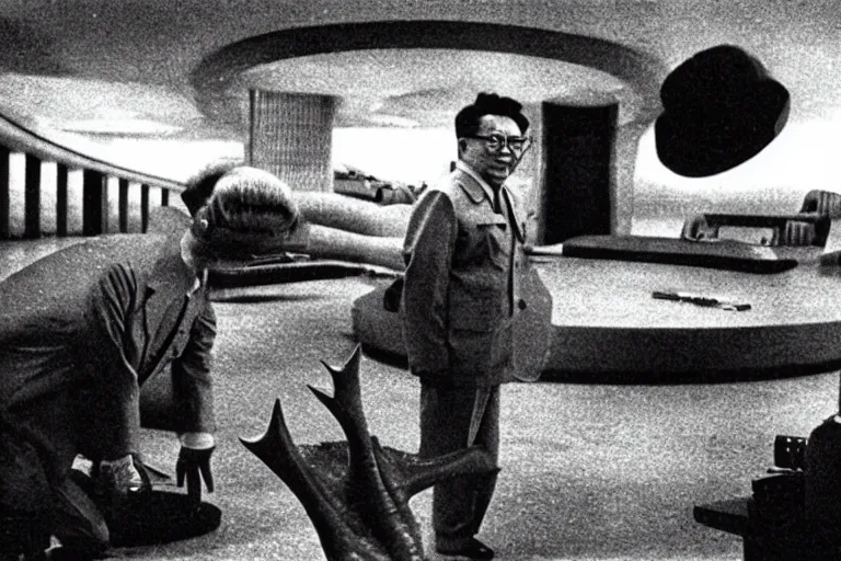 Image similar to a filmstill of Kim Jong-il looking at Pulgasari the starfish Kaiju monster destroying Pyongyang, in Dr Strangelove by Stanley Kubrick (1964), traditional Korean city, palace, epic ultrawide shot, cinemascope