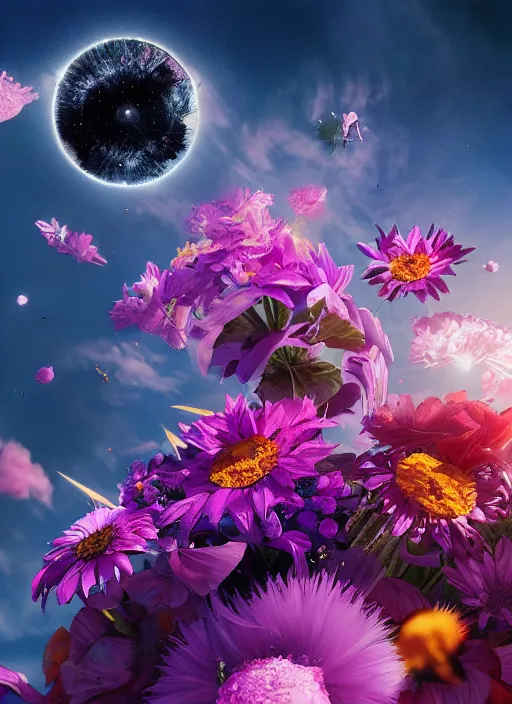 Image similar to An epic fantastic realism comic book style painting of the most beautiful flowers launched into space, bouquets, solar eclipse, fisheye, unreal 5, DAZ, hyperrealistic, octane render, dynamic lighting