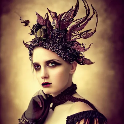 Prompt: a portrait of female model by stefan geselle, anka zhuravleva and peter kemp, dark fantasy, ornate headpiece, dark beauty, photorealistic, canon r 3, photography