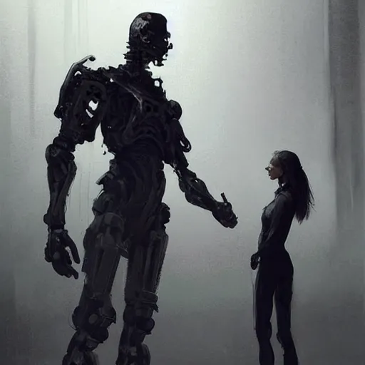 Prompt: concept art by greg rutkowski, a very tall and slender cyborg, talking to a short woman dressed in a utilitarian black and white jumpsuit, high tech and futuristic white walled environment, unnatural lighting, uncanny atmosphere, frightening and creepy atmosphere, scifi, highly detailed portrait, digital painting, artstation, concept art, smooth, sharp foccus ilustration, artstation hq