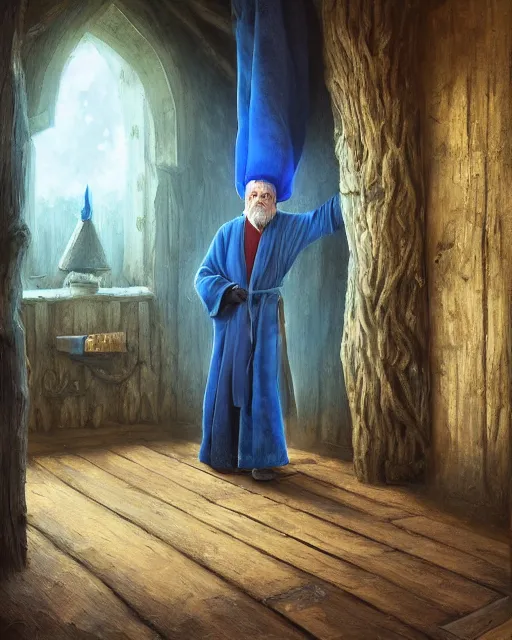 Prompt: oil painting of a an old mage wearing a blue robe and wizard hat, cozy wood cabin background, staff resting against a wall, fantasy style, volumetric lighting, 8k high definition, by greg rutkowski, highly detailed, trending on deviant art