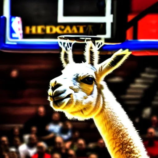 Image similar to a photo of a llama dunking a basketball, 4 k, photography, high resolution