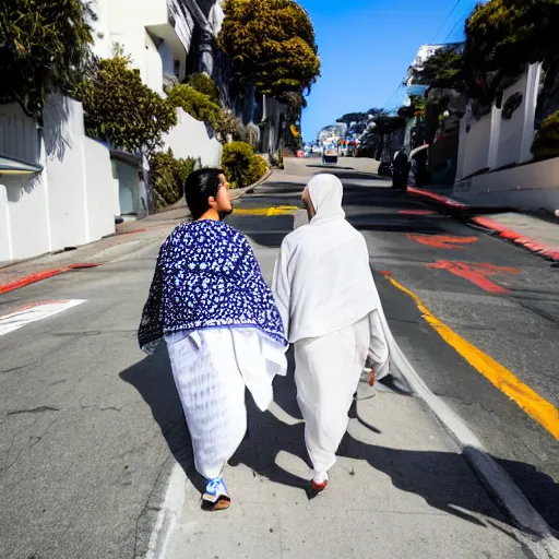 Prompt: A white woman and an East Asian woman, both wrapped in saris, walk up and down the hills of San Francisco on the arm of Indian boyfriends decked in normie tech bro outfits