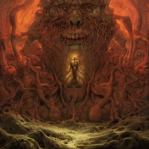 Prompt: the topology of hell | highly detailed oil painting, hyperrealistic, very intrincate | cinematic lighting, award - winning | by rachel ruysch, wayne barlowe, beksinski and bocklin | by austin osman spare and william blake, trending on artstation, cgsociety, official art, octane.