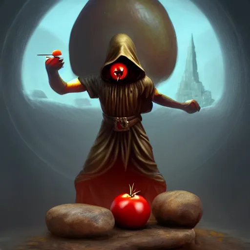 Image similar to a hooded cultist is stabbing a tomato placed on an altar, in front of a stone statue of a forgotten god, by patrick mcenvoy and michael komarck and fantasy flight, incredible quality, trending on artstation