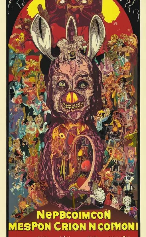 Image similar to cursed with necronomicon horrorcore cel animation poster depicting easter bunny, intricate faces, metropolis, 1 9 5 0 s movie poster, post - processing, vector art