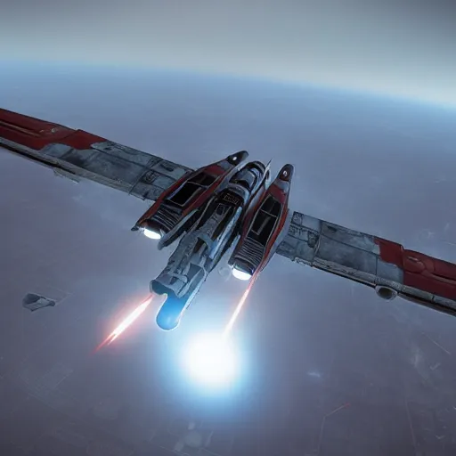 Prompt: promotional movie still, high - angle view of the x - wing starfighter ( star wars ) waiting to take off. 3 d, digital art, octane 3 d render, ue 5, realism, cinematic, imax 7 0 mm.