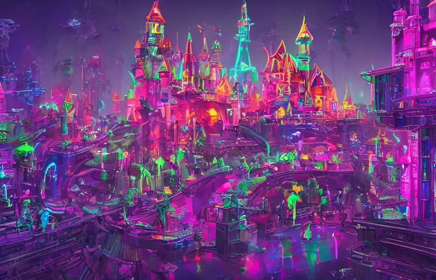 Prompt: a futuristic neon castle, crowded, plastic, nature, robots, digital art.