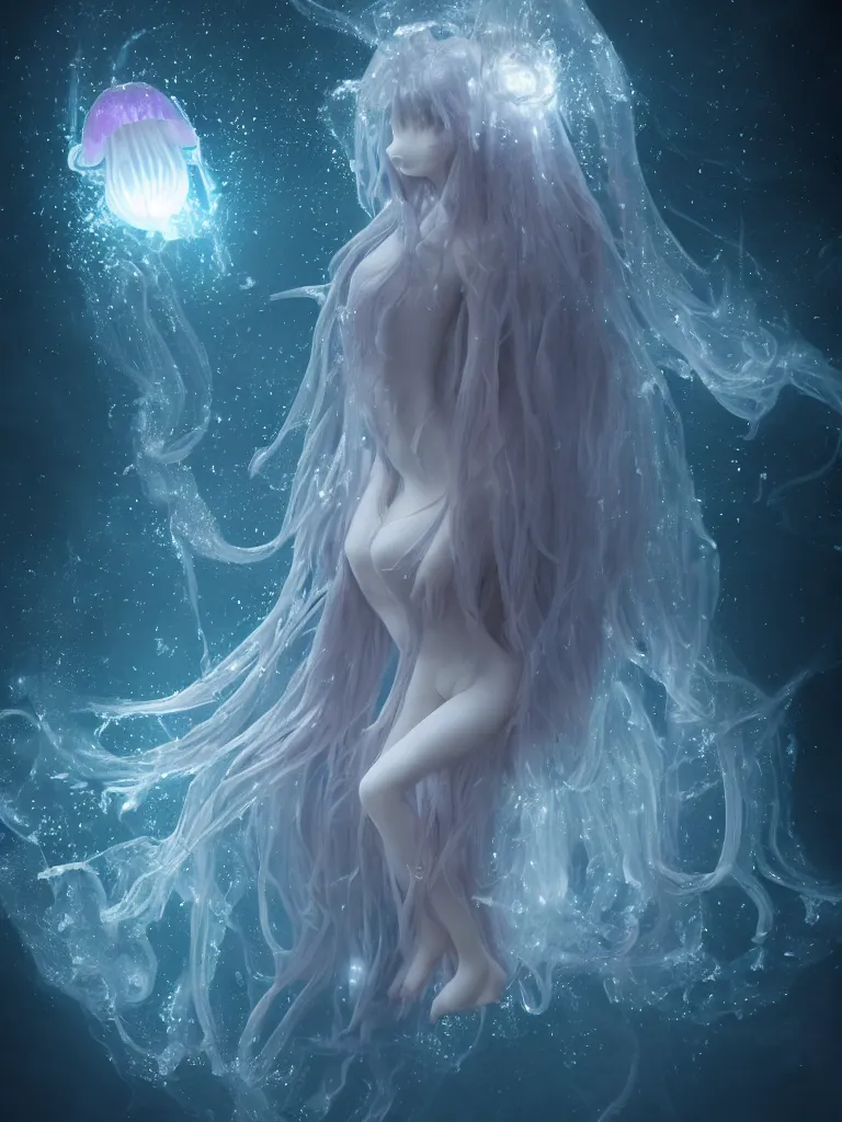 Image similar to cute fumo plush of an otherworldly translucent jellyfish goth girl floating in the deep sea, mysterious tattered maiden tendrils and dress, anime magical monster girl, heavy rain reflective water surface, glowing lens flare wraith girl, wisps of volumetric fog and smoke in refracted vortices, vignette, bokeh, vray