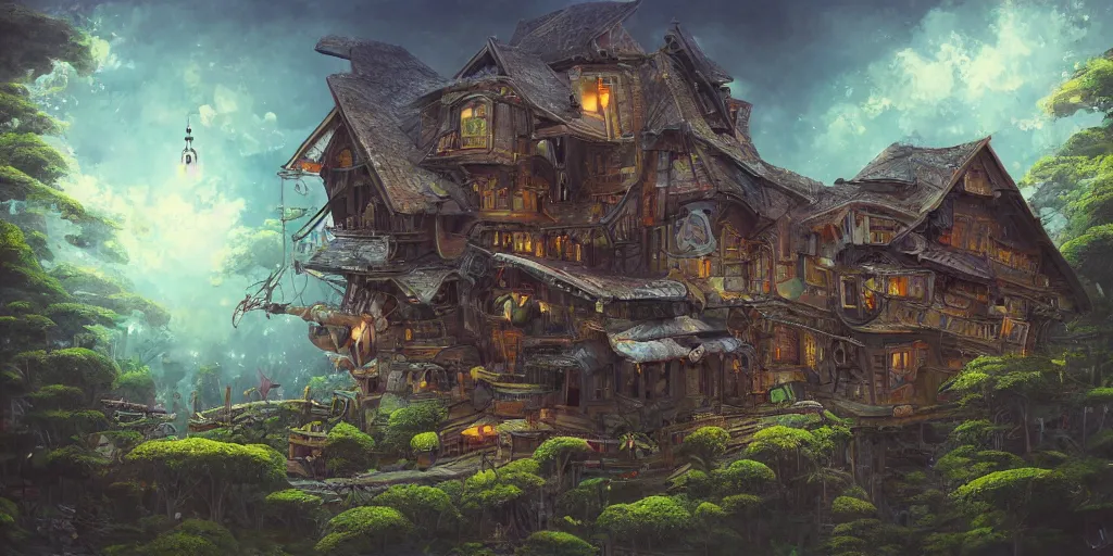 Image similar to a house with mechanical legs, Baba Yaga, cinematic angle, studio Ghibli, volumetric lighting, bold, beautiful composition, intricate, elegant, digital art, detailed oil painting, hyperrealistic, sharp focus, 8k